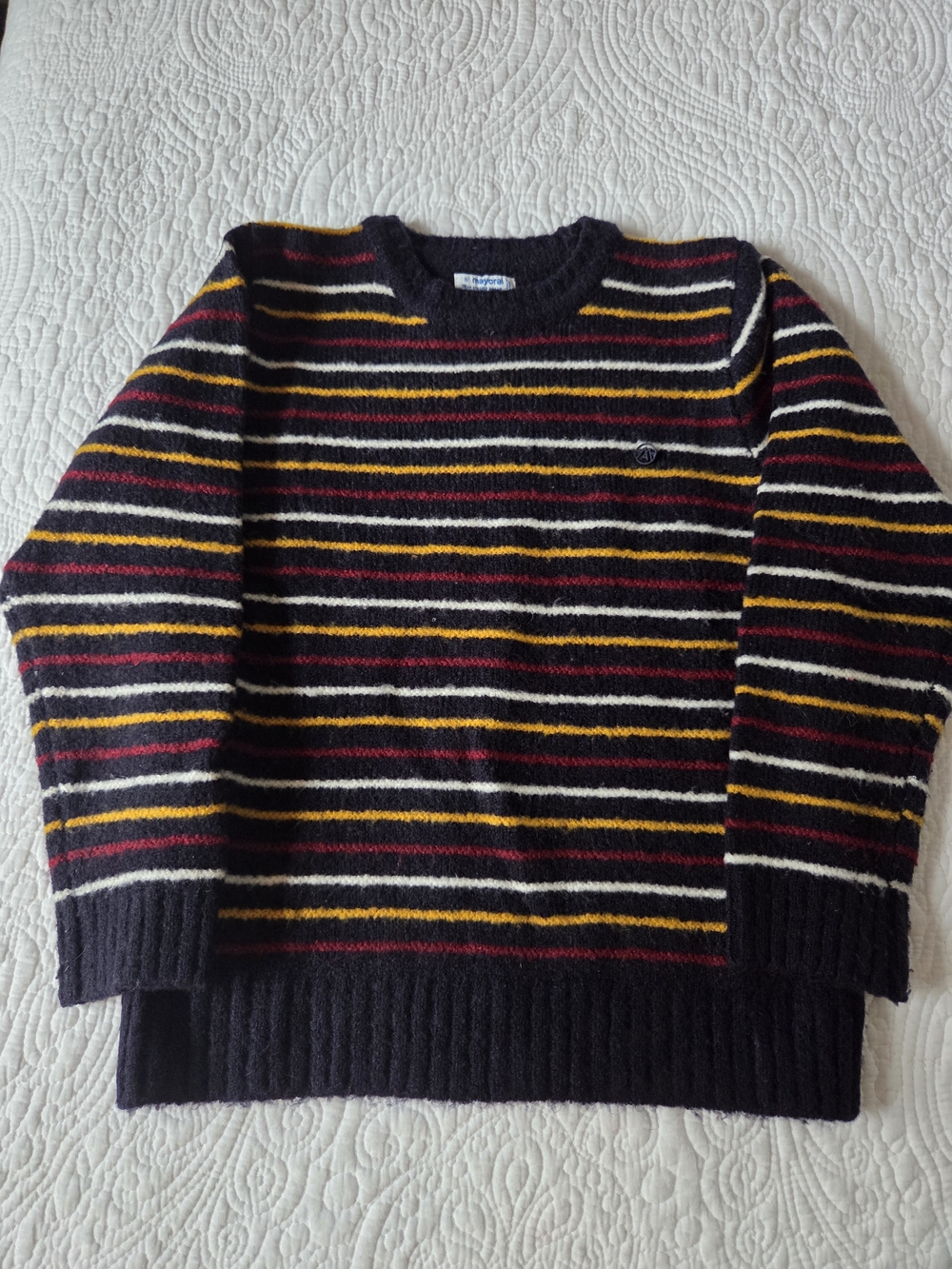 Mayoral Blue Striped Crewneck Sweater with Yellow, Red & White